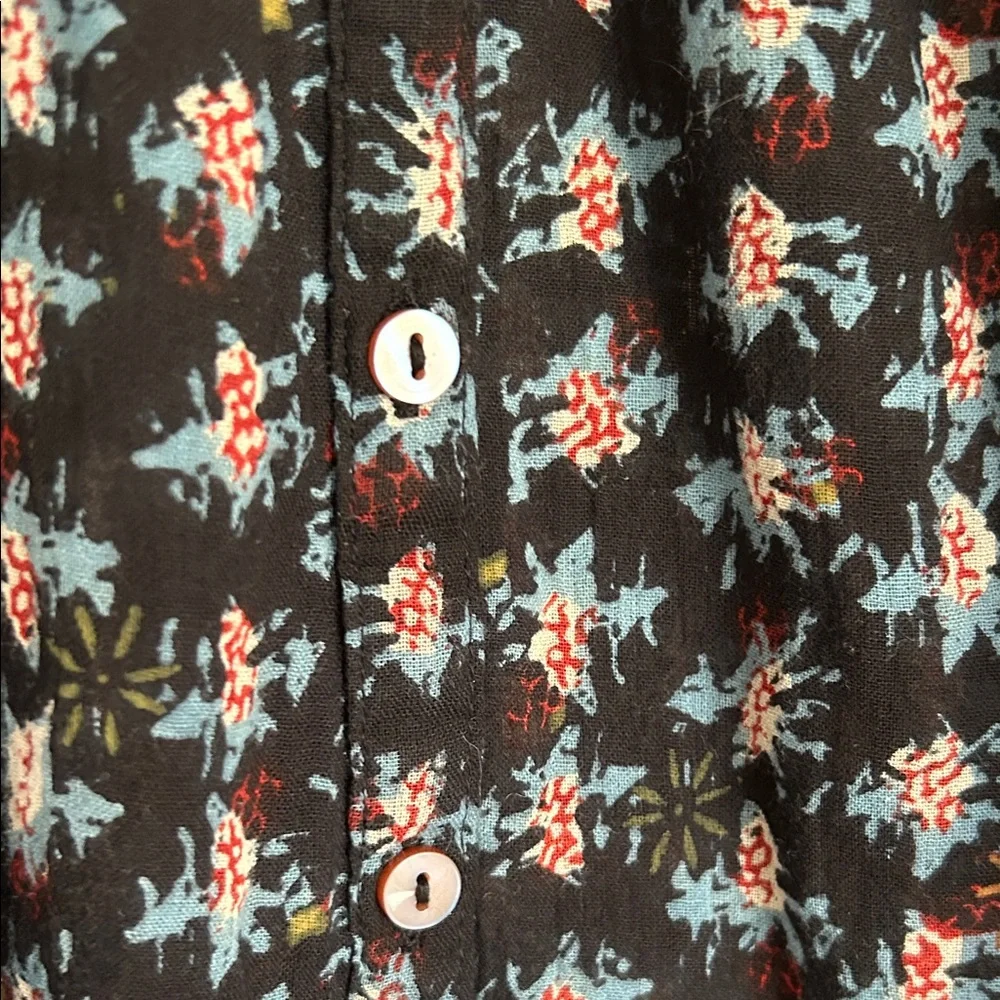 Free People Black Floral Ruffle Button-Front Blouse with Blue Trim - Picture 7 of 9